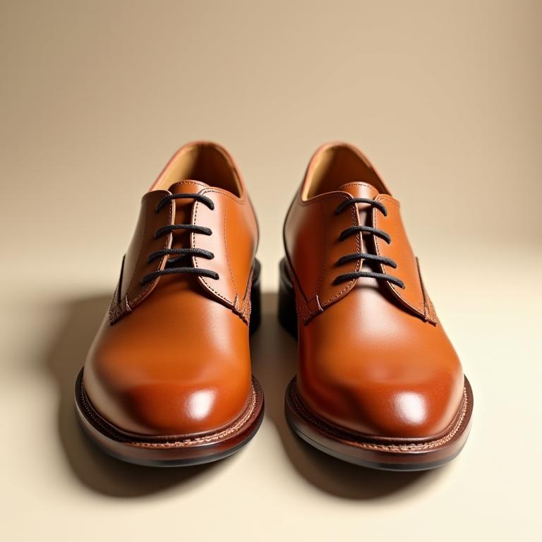 A pair of versatile derby shoes with open lacing in a tan leather finish.