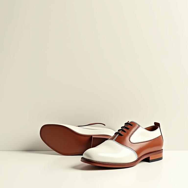 A pair of distinguished two-tone saddle shoes in white and brown leather.