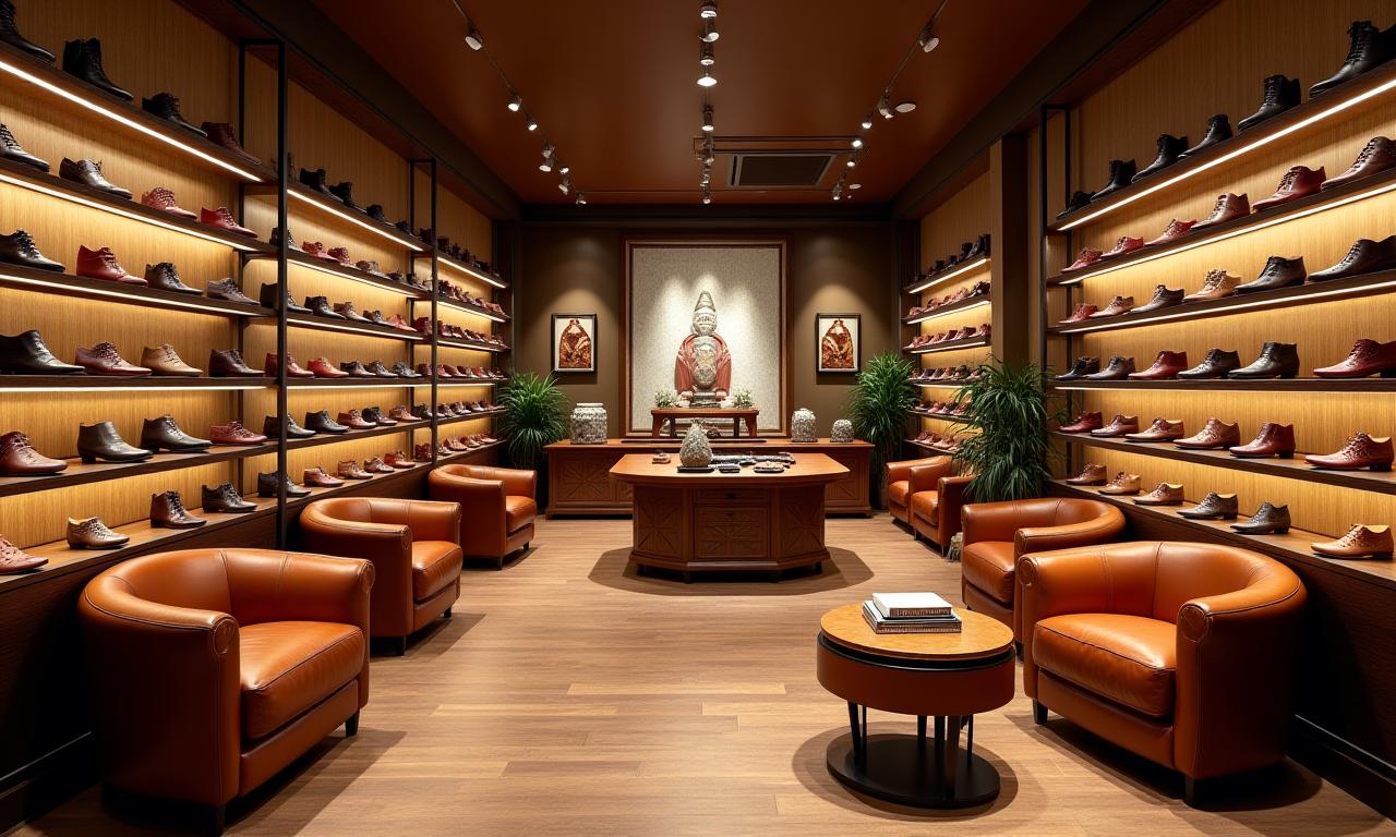 The warm and inviting interior of the Patina & Co. shoe boutique, with leather armchairs and neatly displayed shoes.