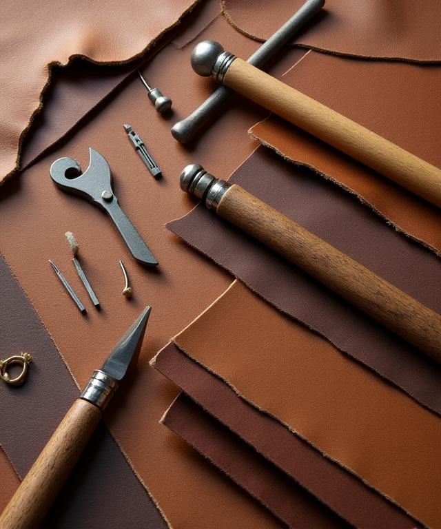 A flat lay of supple full-grain leather swatches next to traditional shoemaking tools.